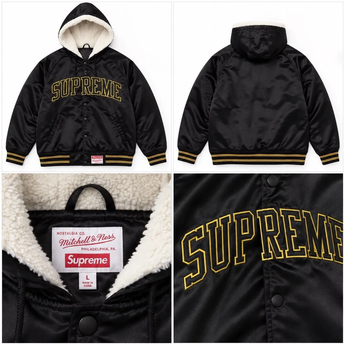 Supreme x Mitchell & Ness Hooded Satin Varsity Jacket – Black